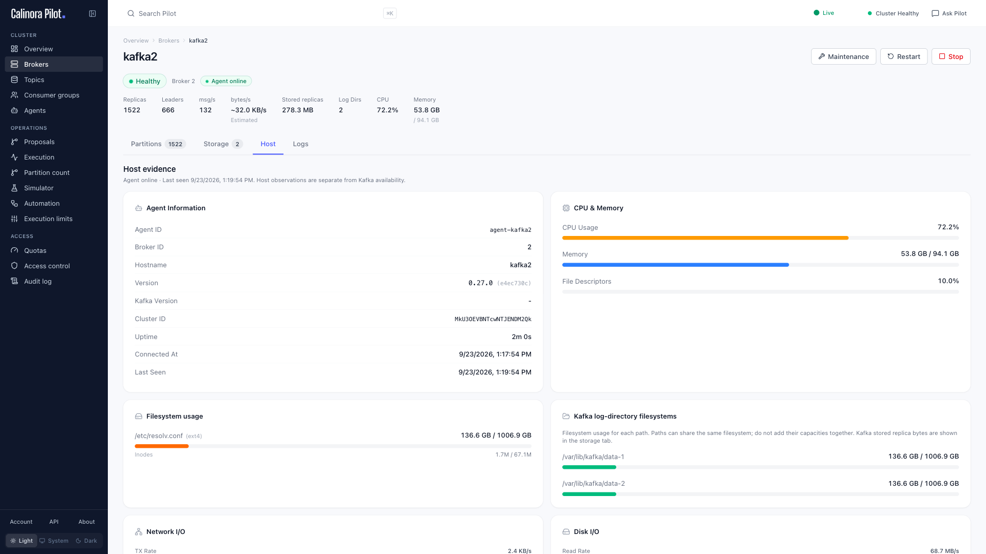 Broker host view with Pilot Agent CPU, memory, filesystem, and network metrics