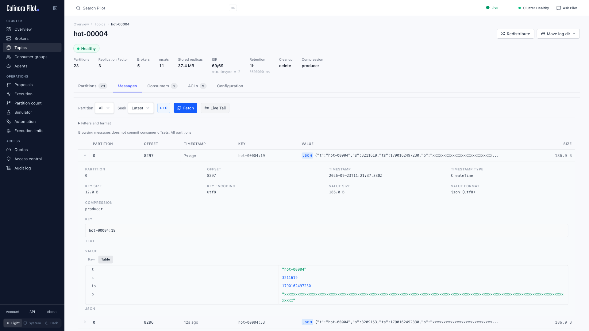 Kafka message browser with fetched records and expanded message details