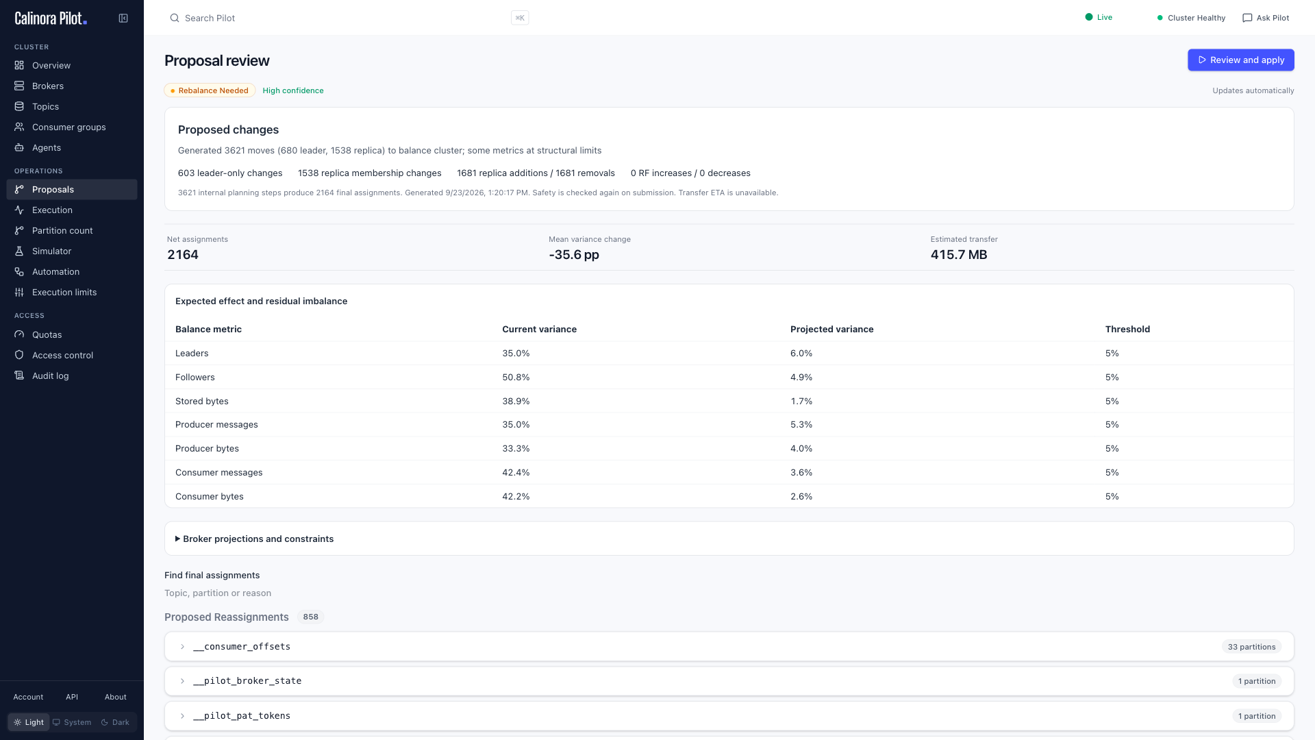 Rebalance workspace with a generated proposal and before-and-after broker balance